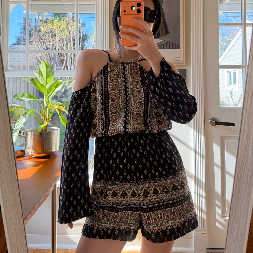 Charlotte Russe Black and Brown Patterned Romper